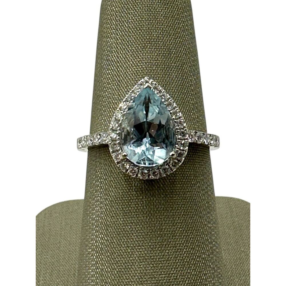 14K White Gold Blue Pear Stone Diamond Halo Ring (12060)
